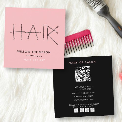 Cute Hairdresser Black Pink Bobby Pins Hair  Square Business Card