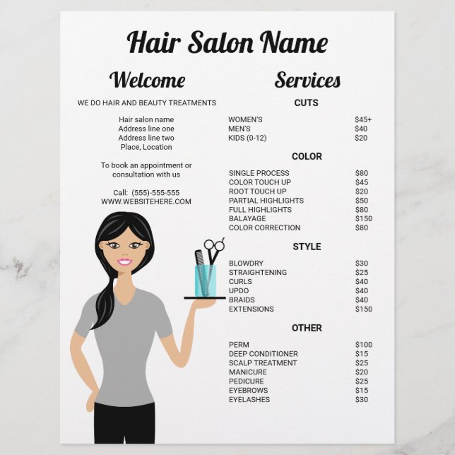 Cute Hairdresser Woman Drawing Hair Salon Menu Flyer (Front)