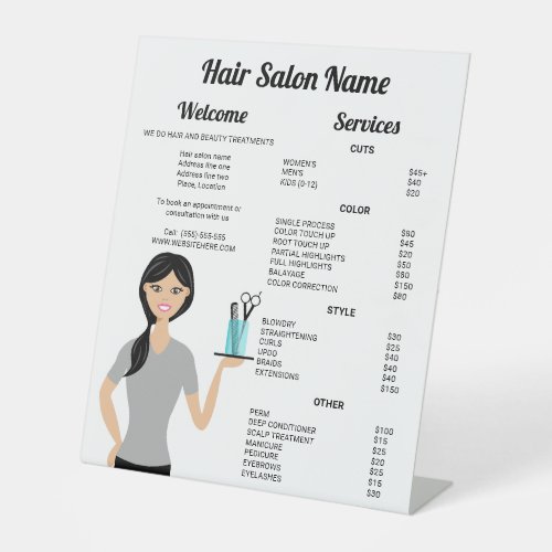 Cute Hairdresser Woman Drawing Hair Salon Menu Pedestal Sign
