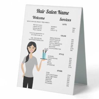 Cute Hairdresser Woman Drawing Hair Salon Menu Table Tent Sign