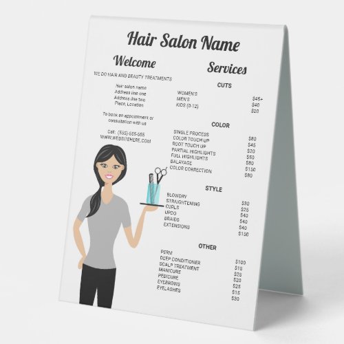 Cute Hairdresser Woman Drawing Hair Salon Menu Table Tent Sign