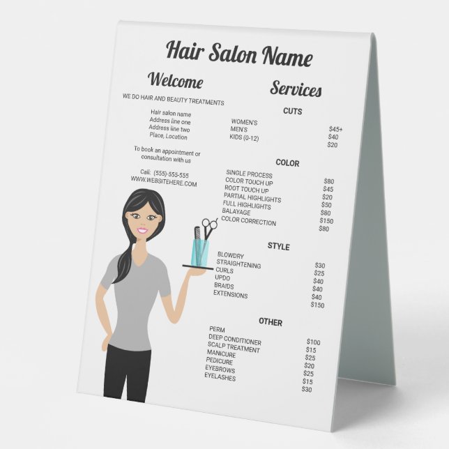 Cute Hairdresser Woman Drawing Hair Salon Menu Table Tent Sign (Front)