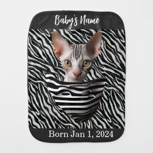 Cute Hairless Cat Kitten Zebra Custom Name Baby Burp Cloth
