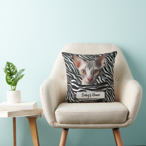 Cute Hairless Cat Kitten Zebra Custom Name Throw Pillow