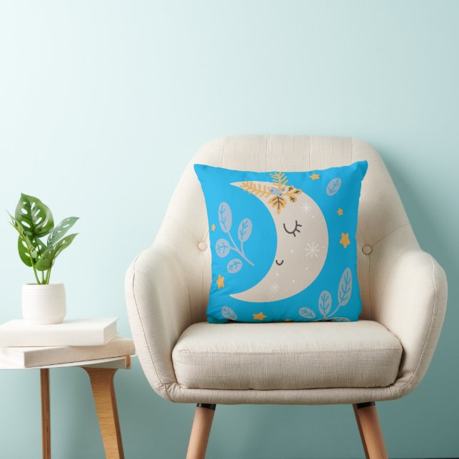 Cute Half moon blue background Throw Pillow (Chair)