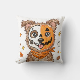 Cute Half Skeleton Half Pumpkin Dog Halloween Colo Throw Pillow