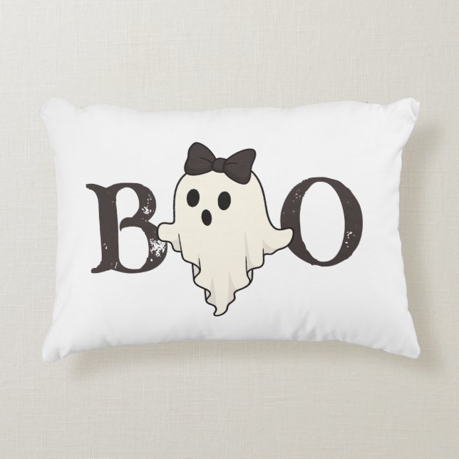 Cute Halloween Accent Pillow – Boo Ghost with Bow (Front)