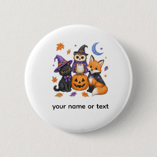 Cute Halloween Animals - Witch Black Cat Owl Fox P Button