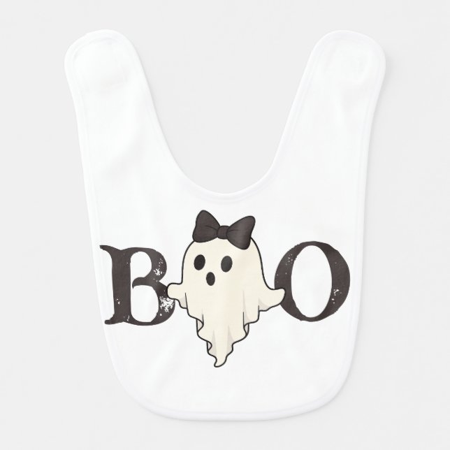 Cute Halloween Baby Bib – "Boo" Ghost with Bow (Front)