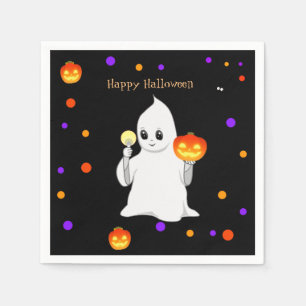 Cute Halloween Baby Ghost & Pumpkins on Black Napkins