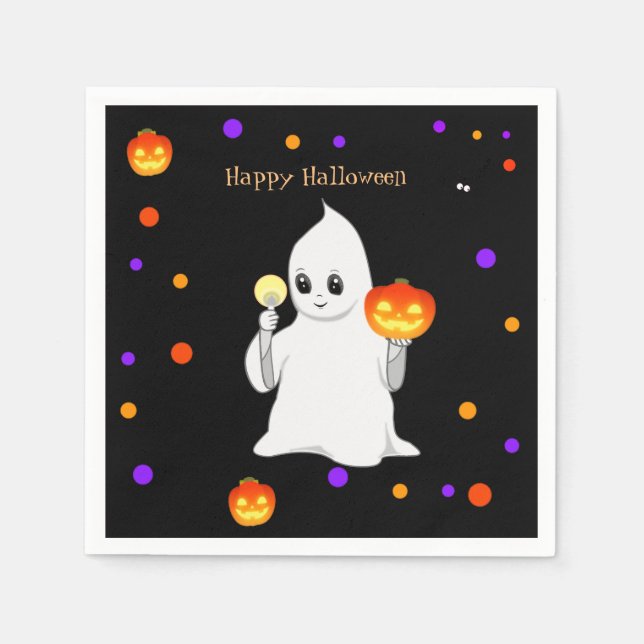 Cute Halloween Baby Ghost & Pumpkins on Black Napkins (Front)