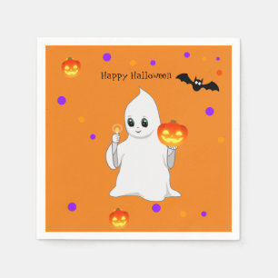 Cute Halloween Baby Ghost & Pumpkins on Orange Napkins