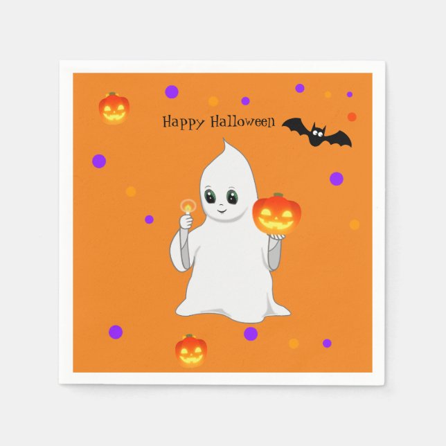Cute Halloween Baby Ghost & Pumpkins on Orange Napkins (Front)