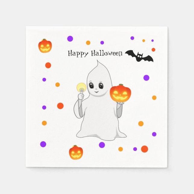 Cute Halloween Baby Ghost & Pumpkins on White Napkins (Front)