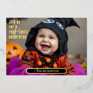 Cute Halloween Baby in Witch Dress Foil Invitation
