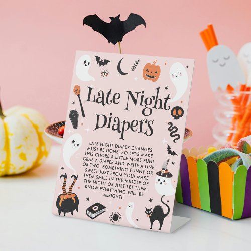 Cute Halloween Baby Shower Game Late Night Diapers Pedestal Sign