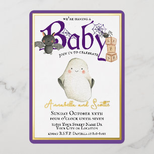 Cute Halloween Baby Shower with Purple & Gold Foil Foil Invitation