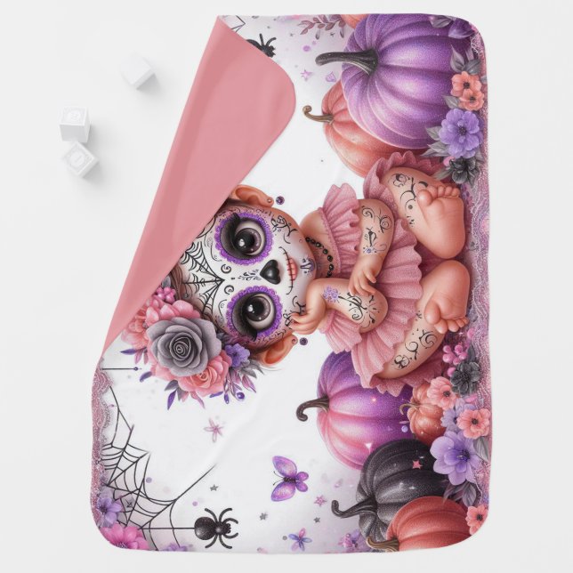 Cute Halloween Baby Sugar Skull and Pumpkins Baby Blanket (In Situ)