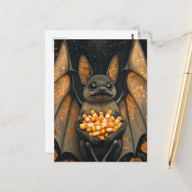 Cute Halloween Bat Cat With Halloween Candy Postcard (Front/Back In Situ)
