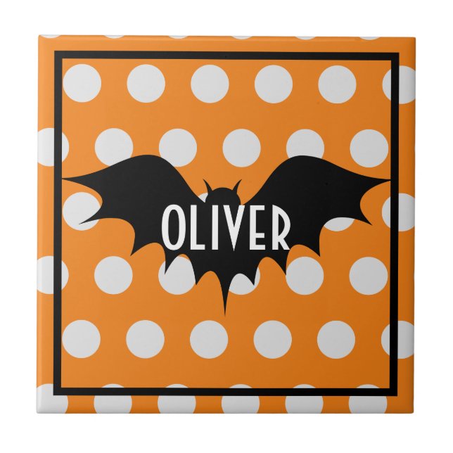 Cute Halloween Bat Pattern with Orange Polka Dots Ceramic Tile (Front)