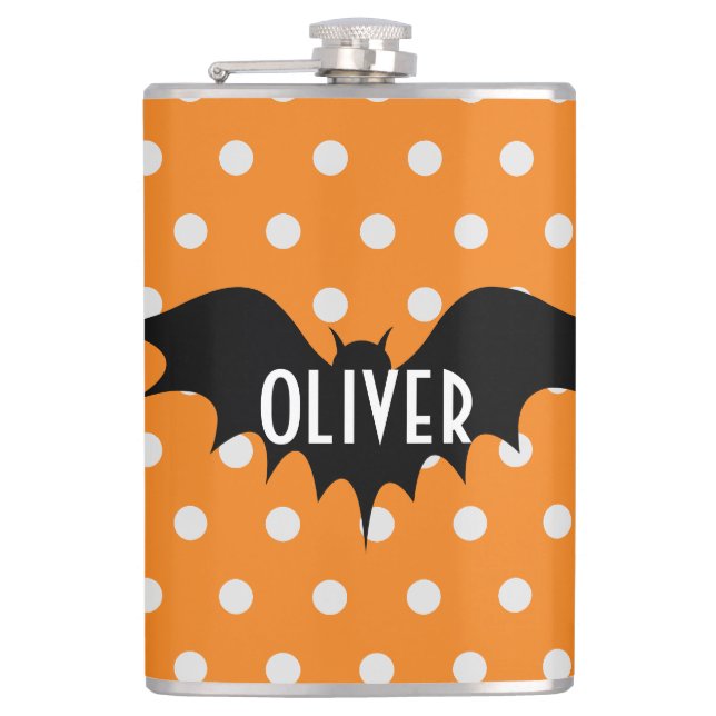 Cute Halloween Bat Pattern with Orange Polka Dots Flask (Front)