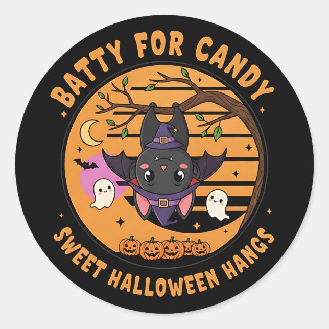 Cute Halloween Bat Sticker with Ghosts & Pumpkins (Front)