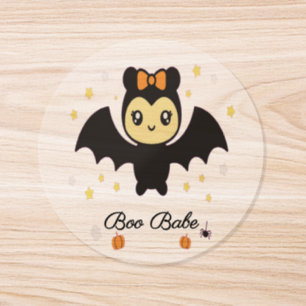 Cute Halloween Bat with Orange Bow and Stars logo Classic Round Sticker