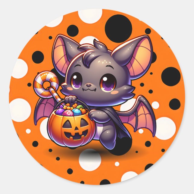 Cute Halloween Bat with Pumpkin Basket Classic Round Sticker (Front)
