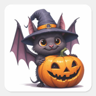 Cute Halloween Bat With Pumpkin Witch Hat 🎃 Square Sticker