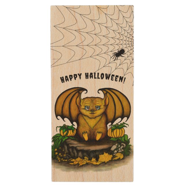 Cute Halloween Bat Wood Flash Drive (Front Vertical)