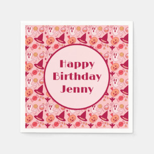 Cute Halloween Birthday Add Girl's Name Pink Napkins
