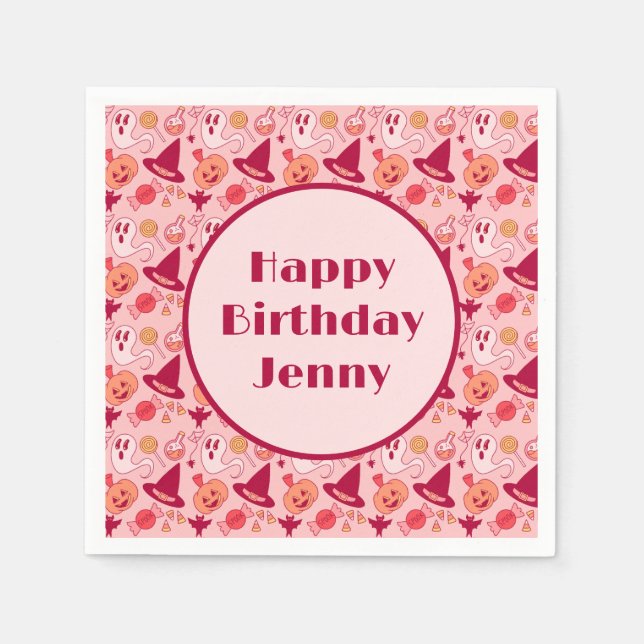 Cute Halloween Birthday Add Girl's Name Pink Napkins (Front)