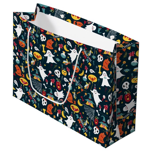 Cute Halloween Birthday Add Name Ghosts Pumpkins Large Gift Bag (Front Angled)