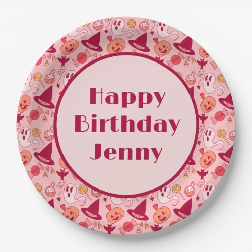 Cute Halloween Birthday Add Name Pink Pastel  Paper Plates