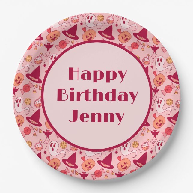 Cute Halloween Birthday Add Name Pink Pastel  Paper Plates (Front)