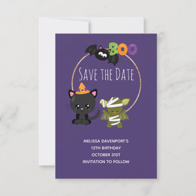 Cute Halloween Birthday Cat, Bat & Mummy Boo Save The Date (Front)