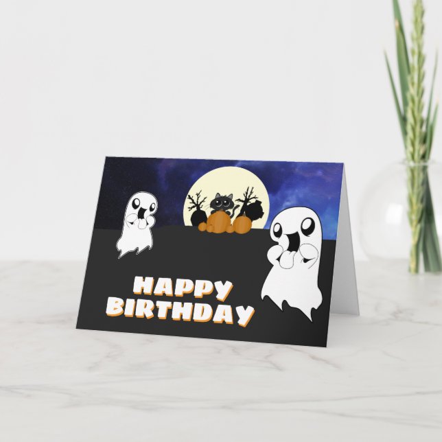 Cute Halloween Birthday Ghost Black Cat Card (Front)