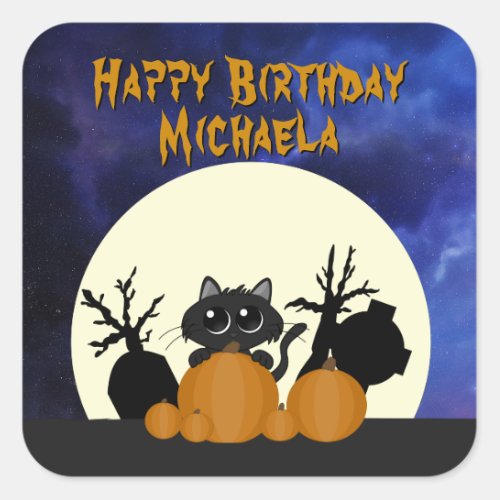 Cute Halloween Birthday Party Black Cat Spooky Square Sticker