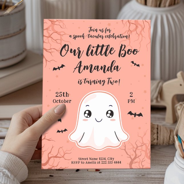 Cute Halloween Birthday with Kawaii Ghost & Bats Invitation (Creator Uploaded)
