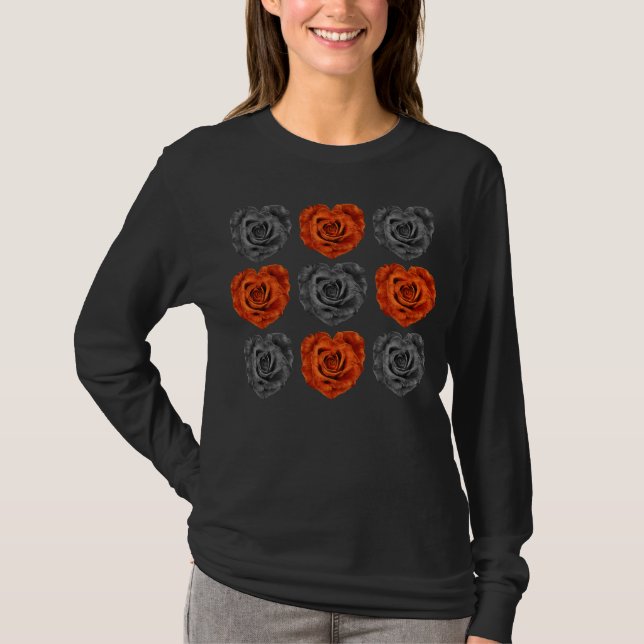 Cute Halloween Black And Orange Heart Shape Roses T-Shirt (Front)