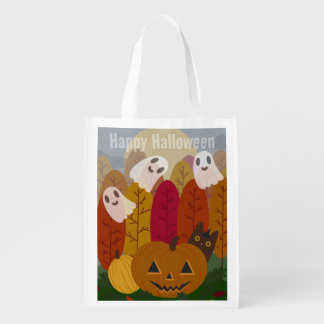Cute Halloween Black Cat and Ghosts Autumn Pumpkin Grocery Bag