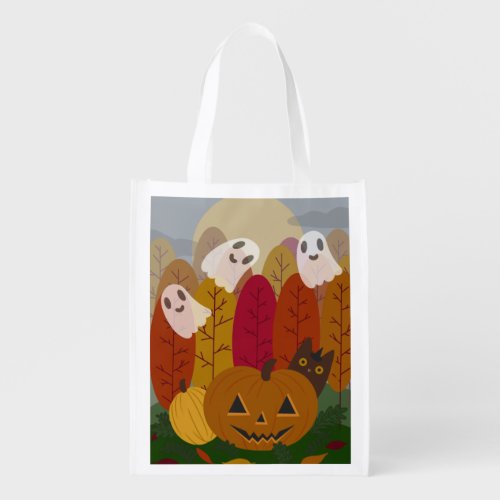 Cute Halloween Black Cat and Ghosts Autumn Pumpkin Grocery Bag