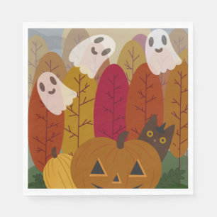 Cute Halloween Black Cat and Ghosts Autumn Pumpkin Napkins