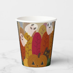 Cute Halloween Black Cat and Ghosts Autumn Pumpkin Paper Cups