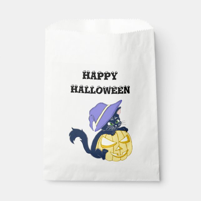 Cute Halloween Black Cat and Pumpkin Favor Bag (Front)
