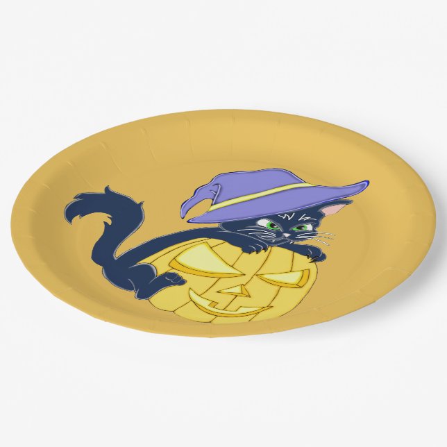 Cute Halloween Black Cat and Pumpkin Paper Plates (Angled)