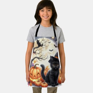 Cute Halloween Black Cat and Pumpkins 