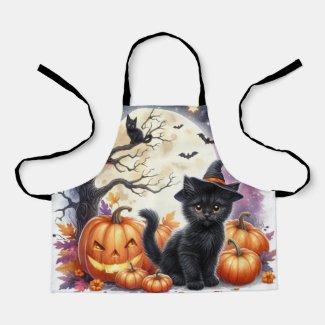Cute Halloween Black Cat and Pumpkins 