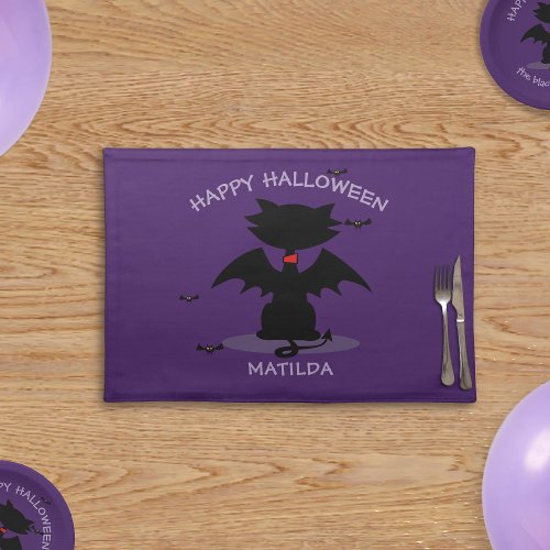 Cute Halloween Black Cat Bat Wings Purple Cloth Placemat