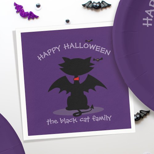 Cute Halloween Black Cat Bat Wings Purple Napkins